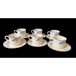 New Lenox Chinastone Blue Brushstrokes Vintage Coffee Tea Cups & Saucers, 6 sets